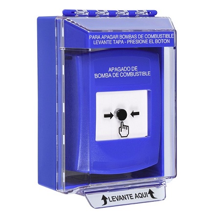 GLR481PS-ES STI Blue Indoor/Outdoor Low Profile Surface Mount w/ Sound Key-to-Reset Push Button with FUEL PUMP SHUT-DOWN Label Spanish