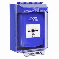 GLR481PX-EN STI Blue Indoor/Outdoor Low Profile Surface Mount w/ Sound Key-to-Reset Push Button with PUSH TO EXIT Label English