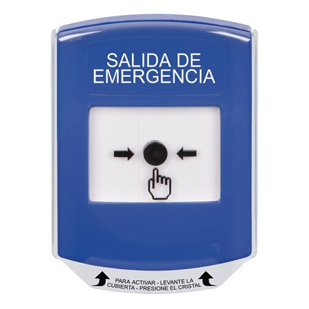 GLR4A1EX-ES STI Blue Indoor Only Shield w/ Sound Key-to-Reset Push Button with EMERGENCY EXIT Label Spanish