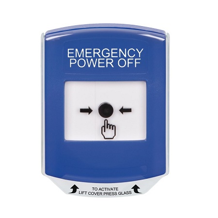 GLR4A1PO-EN STI Blue Indoor Only Shield w/ Sound Key-to-Reset Push Button with EMERGENCY POWER OFF Label English