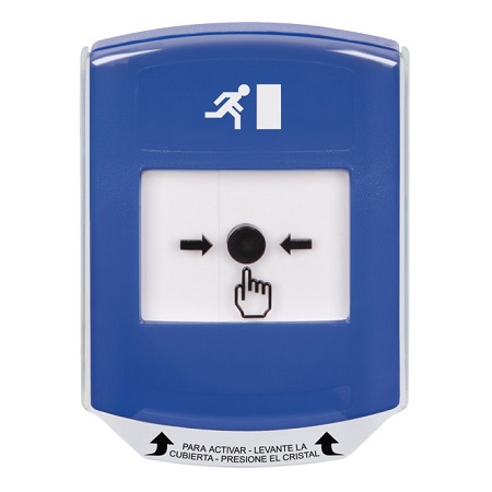 GLR4A1RM-ES STI Blue Indoor Only Shield w/ Sound Key-to-Reset Push Button with Running Man Icon Spanish