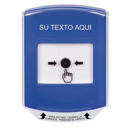 GLR4A1ZA-ES STI Blue Indoor Only Shield w/ Sound Key-to-Reset Push Button with Non-Returnable Custom Text Label Spanish