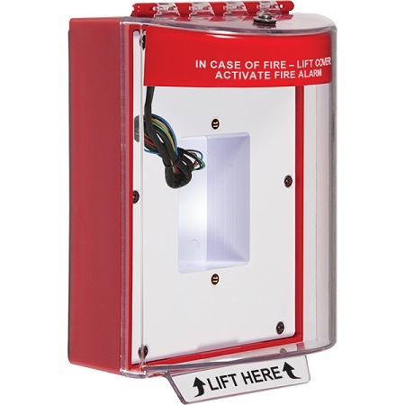 STI-13430FR STI Universal Stopper Dome Cover Enclosed Back Box, Sealed Mounting Plate and Hood with Horn and Relay - Fire Label - Red