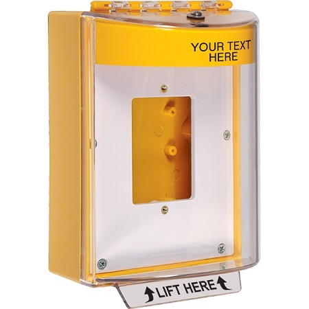 STI-13520CY STI Universal Stopper Dome Cover Enclosed Back Box, Open Mounting Plate and Hood with Horn - Custom Label - Yellow - Non-Returnable
