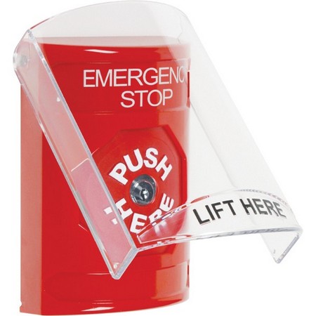 SS2020ES-EN STI Red Indoor Only Flush or Surface Key-to-Reset Stopper Station with EMERGENCY STOP Label English