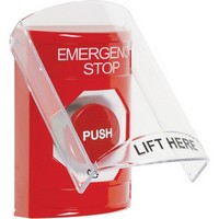 SS2021ES-EN STI Red Indoor Only Flush or Surface Turn-to-Reset Stopper Station with EMERGENCY STOP Label English