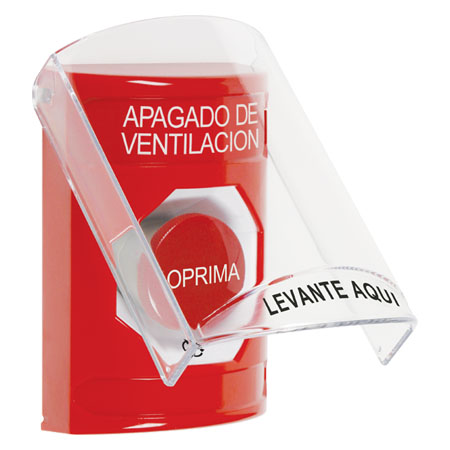 SS2021HV-ES STI Red Indoor Only Flush or Surface Turn-to-Reset Stopper Station with HVAC SHUT DOWN Label Spanish