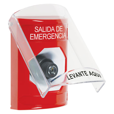 SS2023EX-ES STI Red Indoor Only Flush or Surface Key-to-Activate Stopper Station with EMERGENCY EXIT Label Spanish