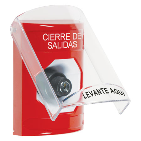 SS2023LD-ES STI Red Indoor Only Flush or Surface Key-to-Activate Stopper Station with LOCKDOWN Label Spanish