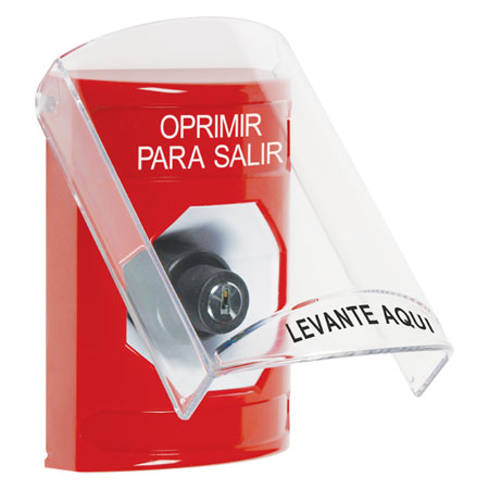 SS2023PX-ES STI Red Indoor Only Flush or Surface Key-to-Activate Stopper Station with PUSH TO EXIT Label Spanish