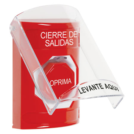 SS2025LD-ES STI Red Indoor Only Flush or Surface Momentary (Illuminated) Stopper Station with LOCKDOWN Label Spanish