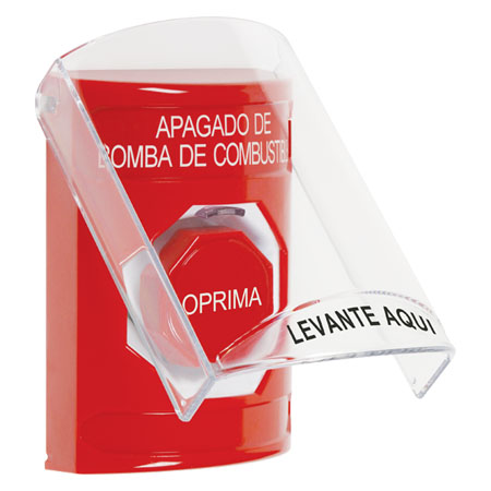 SS2025PS-ES STI Red Indoor Only Flush or Surface Momentary (Illuminated) Stopper Station with FUEL PUMP SHUT DOWN Label Spanish