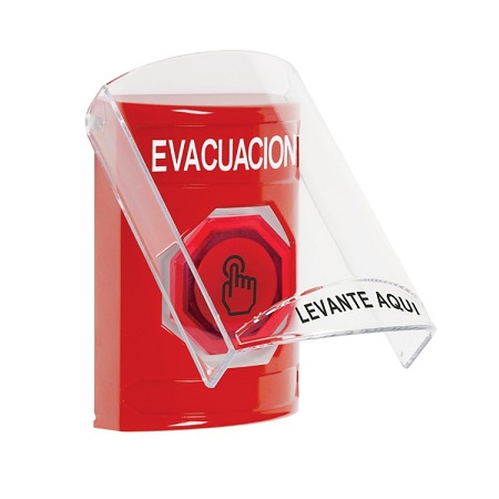 SS2026EV-ES STI Red Indoor Only Flush or Surface Momentary (Illuminated) with Red Lens Stopper Station with EVACUATION Label Spanish