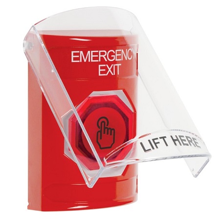 SS2026EX-EN STI Red Indoor Only Flush or Surface Momentary (Illuminated) with Red Lens Stopper Station with EMERGENCY EXIT Label English