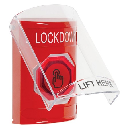 SS2026LD-EN STI Red Indoor Only Flush or Surface Momentary (Illuminated) with Red Lens Stopper Station with LOCKDOWN Label English