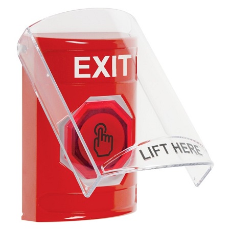SS2026XT-EN STI Red Indoor Only Flush or Surface Momentary (Illuminated) with Red Lens Stopper Station with EXIT Label English
