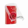 SS2026ZA-ES STI Red Indoor Only Flush or Surface Momentary (Illuminated) with Red Lens Stopper Station with Non-Returnable Custom Text Label Spanish