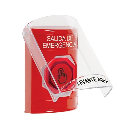 SS2027EX-ES STI Red Indoor Only Flush or Surface Weather Resistant Momentary (Illuminated) with Red Lens Stopper Station with EMERGENCY EXIT Label Spanish