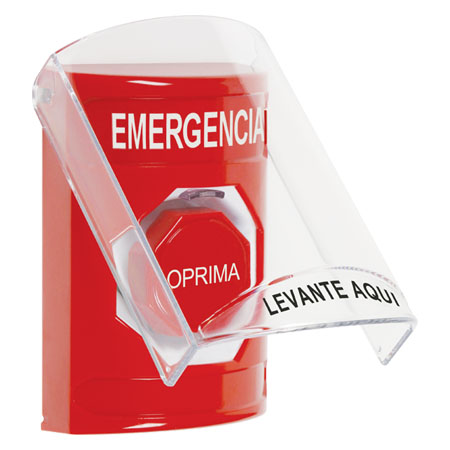 SS2028EM-ES STI Red Indoor Only Flush or Surface Pneumatic (Illuminated) Stopper Station with EMERGENCY Label Spanish