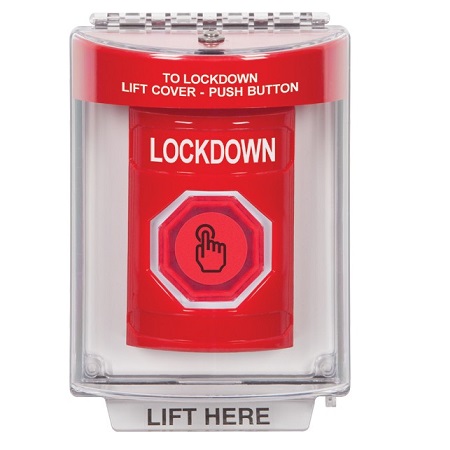 SS2036LD-EN STI Red Indoor/Outdoor Flush Momentary (Illuminated) with Red Lens Stopper Station with LOCKDOWN Label English