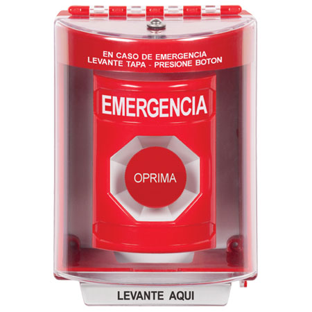 SS2074EM-ES STI Red Indoor/Outdoor Surface Momentary Stopper Station with EMERGENCY Label Spanish