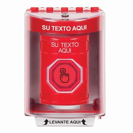SS2076ZA-ES STI Red Indoor/Outdoor Surface Momentary (Illuminated) with Red Lens Stopper Station with Non-Returnable Custom Text Label Spanish