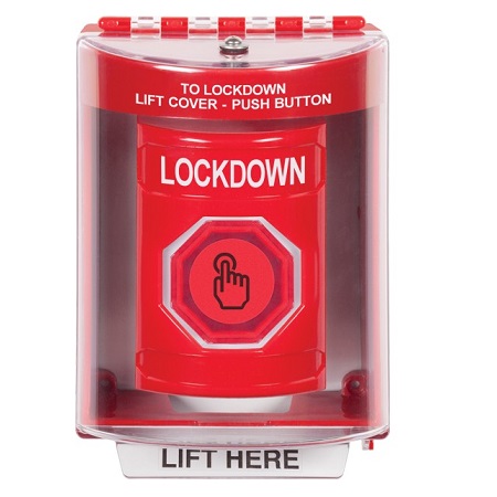 SS2077LD-EN STI Red Indoor/Outdoor Surface Weather Resistant Momentary (Illuminated) with Red Lens Stopper Station with LOCKDOWN Label English