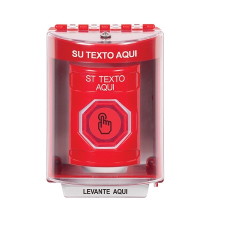 SS2077ZA-ES STI Red Indoor/Outdoor Surface Weather Resistant Momentary (Illuminated) with Red Lens Stopper Station with Non-Returnable Custom Text Label Spanish