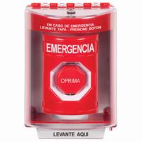 SS2078EM-ES STI Red Indoor/Outdoor Surface Pneumatic (Illuminated) Stopper Station with EMERGENCY Label Spanish