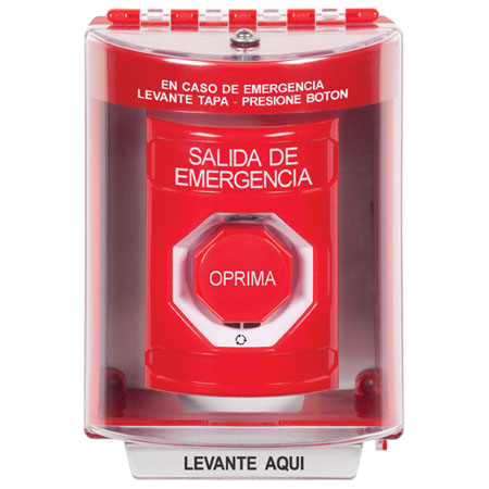 SS2079EX-ES STI Red Indoor/Outdoor Surface Turn-to-Reset (Illuminated) Stopper Station with EMERGENCY EXIT Label Spanish