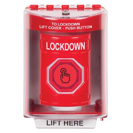 SS2087LD-EN STI Red Indoor/Outdoor Surface w/ Horn Weather Resistant Momentary (Illuminated) with Red Lens Stopper Station with LOCKDOWN Label English
