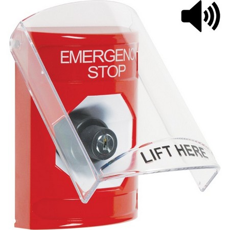 SS20A3ES-EN STI Red Indoor Only Flush or Surface w/ Horn Key-to-Activate Stopper Station with EMERGENCY STOP Label English