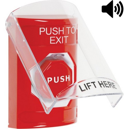 SS20A5PX-EN STI Red Indoor Only Flush or Surface w/ Horn Momentary (Illuminated) Stopper Station with PUSH TO EXIT Label English