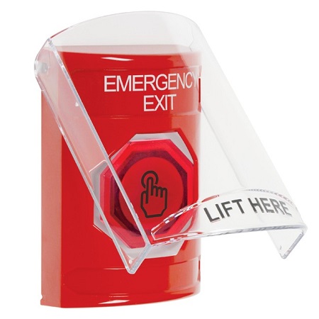 SS20A7EX-EN STI Red Indoor Only Flush or Surface w/ Horn Weather Resistant Momentary (Illuminated) with Red Lens Stopper Station with EMERGENCY EXIT Label English