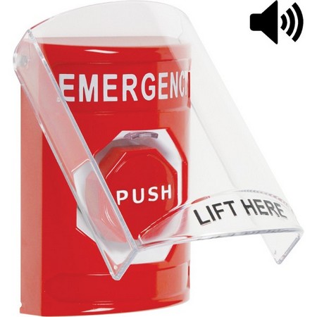 SS20A8EM-EN STI Red Indoor Only Flush or Surface w/ Horn Pneumatic (Illuminated) Stopper Station with EMERGENCY Label English