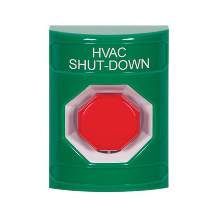 SS2102HV-EN STI Green No Cover Key-to-Reset (Illuminated) Stopper Station with HVAC SHUT DOWN Label English