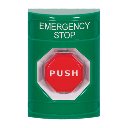 SS2105ES-EN STI Green No Cover Momentary (Illuminated) Stopper Station with EMERGENCY STOP Label English