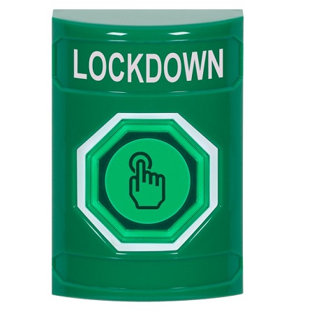 SS2106LD-EN STI Green No Cover Momentary (Illuminated) with Green Lens Stopper Station with LOCKDOWN Label English