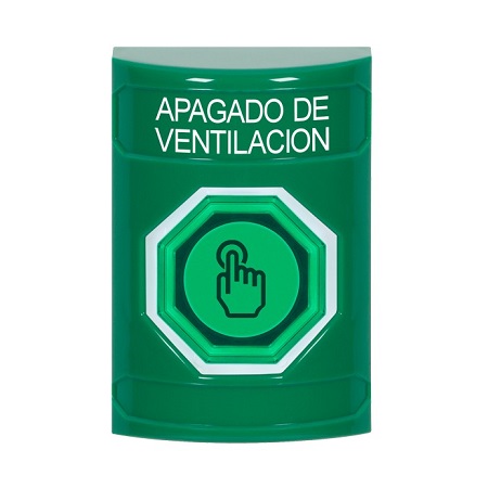 SS2107HV-ES STI Green No Cover Weather Resistant Momentary (Illuminated) with Green Lens Stopper Station with HVAC SHUT DOWN Label Spanish
