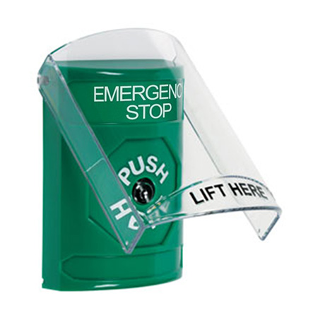 SS2120ES-EN STI Green Indoor Only Flush or Surface Key-to-Reset Stopper Station with EMERGENCY STOP Label English