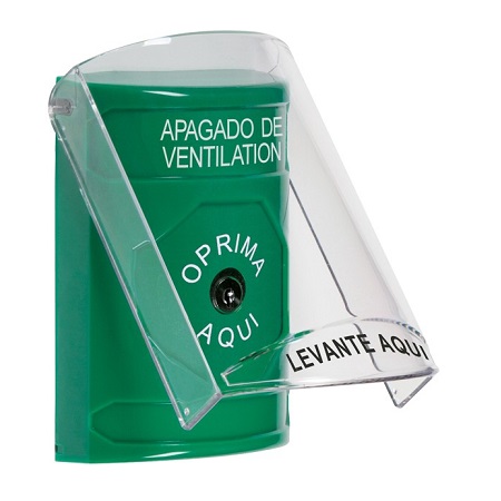 SS2120HV-ES STI Green Indoor Only Flush or Surface Key-to-Reset Stopper Station with HVAC SHUT DOWN Label Spanish