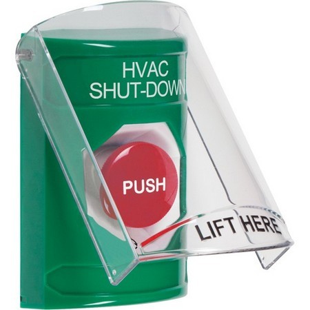 SS2121HV-EN STI Green Indoor Only Flush or Surface Turn-to-Reset Stopper Station with HVAC SHUT DOWN Label English
