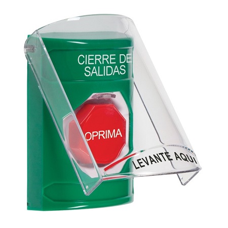 SS2122LD-ES STI Green Indoor Only Flush or Surface Key-to-Reset (Illuminated) Stopper Station with LOCKDOWN Label Spanish