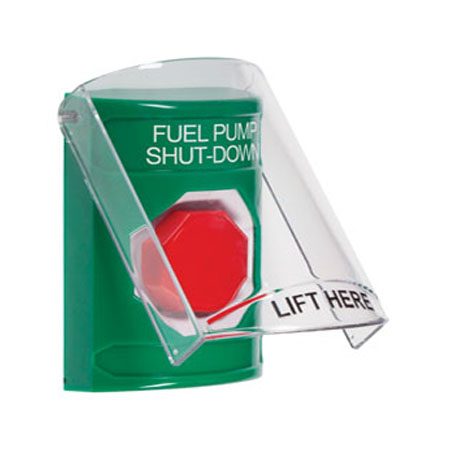 SS2122PS-EN STI Green Indoor Only Flush or Surface Key-to-Reset (Illuminated) Stopper Station with FUEL PUMP SHUT DOWN Label English