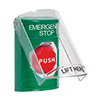Show product details for SS2125ES-EN STI Green Indoor Only Flush or Surface Momentary (Illuminated) Stopper Station with EMERGENCY STOP Label English