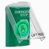 Show product details for SS2126ES-EN STI Green Indoor Only Flush or Surface Momentary (Illuminated) with Green Lens Stopper Station with EMERGENCY STOP Label English
