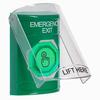 Show product details for SS2127EX-EN STI Green Indoor Only Flush or Surface Weather Resistant Momentary (Illuminated) with Green Lens Stopper Station with EMERGENCY EXIT Label English