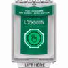 Show product details for SS2146LD-EN STI Green Indoor/Outdoor Flush w/ Horn Momentary (Illuminated) with Green Lens Stopper Station with LOCKDOWN Label English
