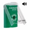 Show product details for SS21A0ES-EN STI Green Indoor Only Flush or Surface w/ Horn Key-to-Reset Stopper Station with EMERGENCY STOP Label English