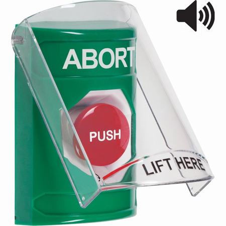 SS21A1AB-EN STI Green Indoor Only Flush or Surface w/ Horn Turn-to-Reset Stopper Station with ABORT Label English